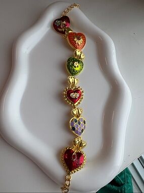 Gold-Tone Multicolor Heart Link Charm Bracelet - Red, Orange, Green, Purple